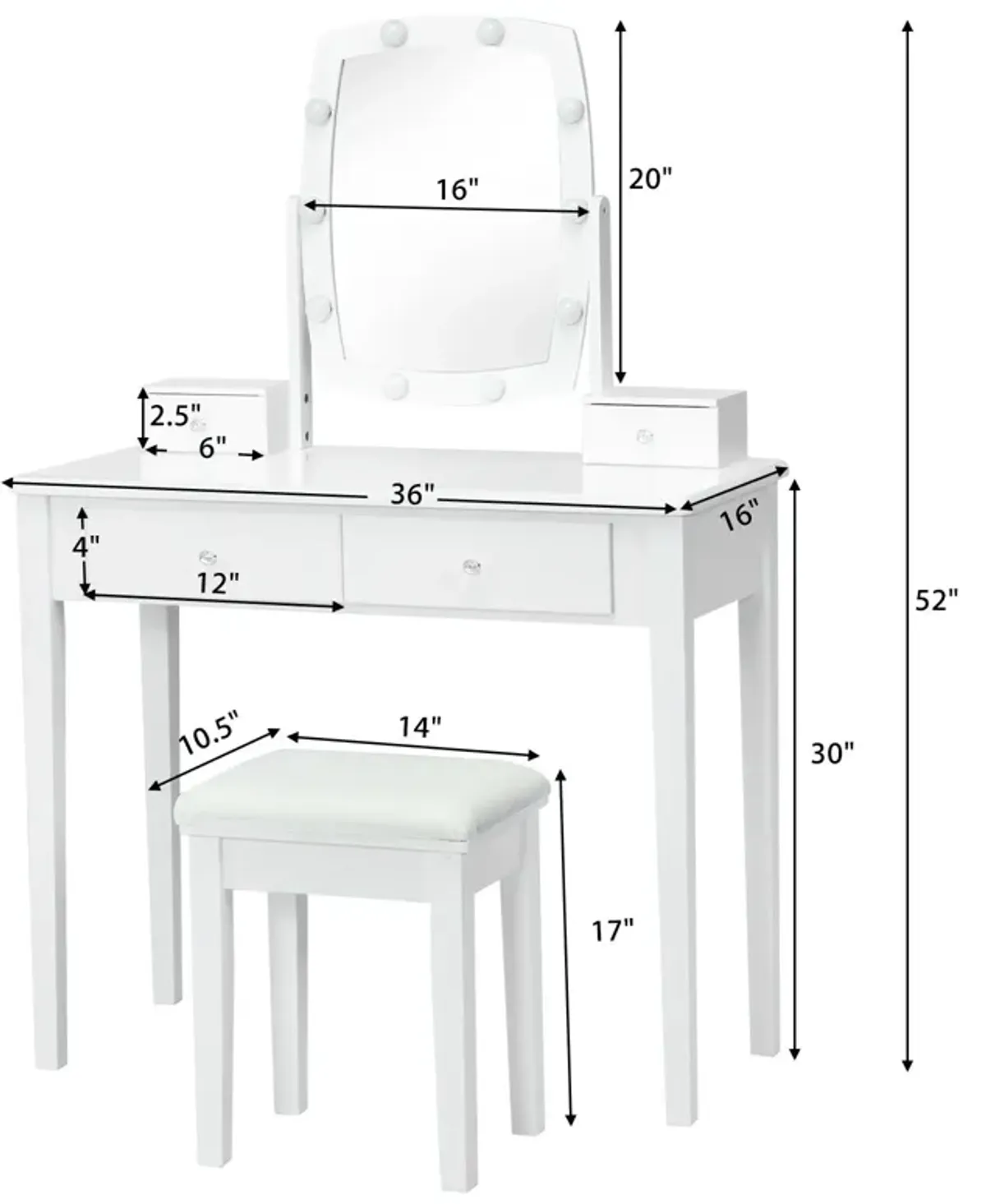 Vanity Table Set with Lighted Mirror for Bedroom and Dressing Room