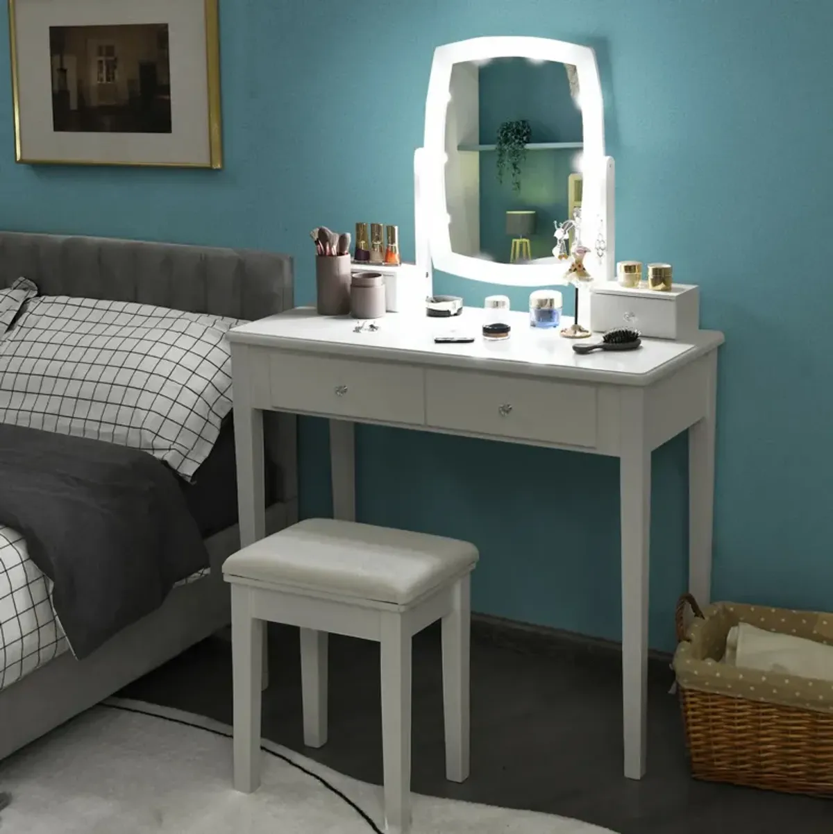 Vanity Table Set with Lighted Mirror for Bedroom and Dressing Room