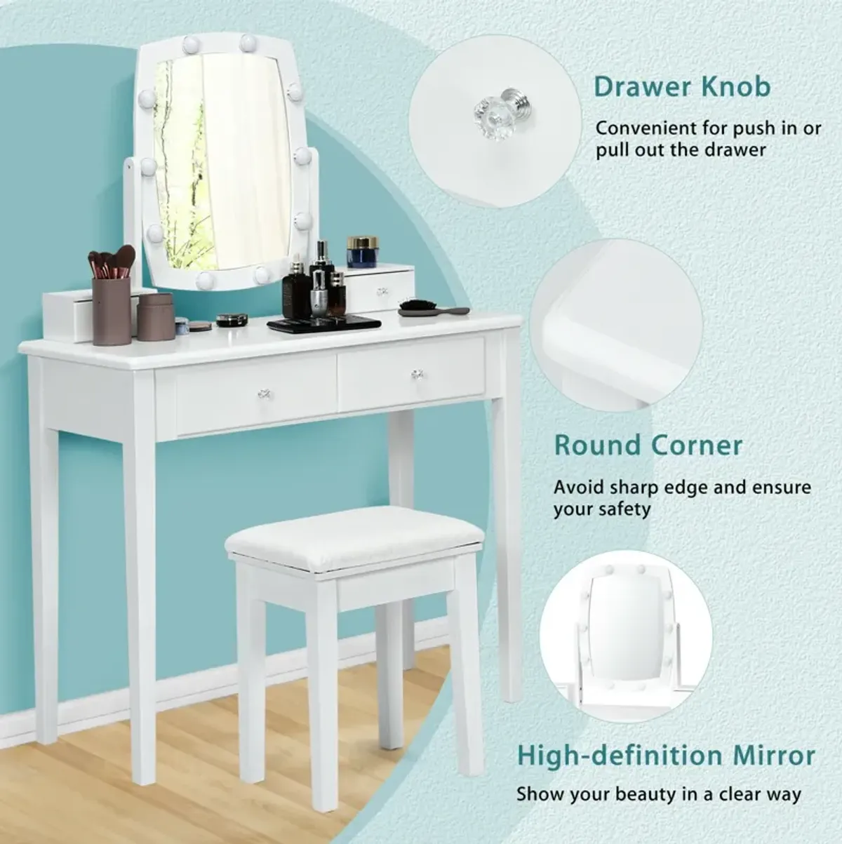 Vanity Table Set with Lighted Mirror for Bedroom and Dressing Room