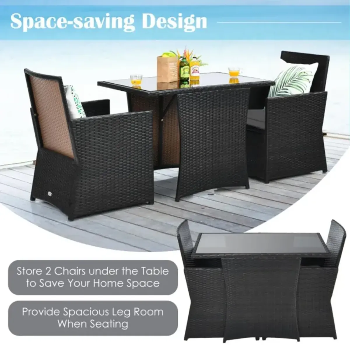 Hivvago 3 Pieces Patio Rattan Furniture Set with Cushion and Sofa Armrest