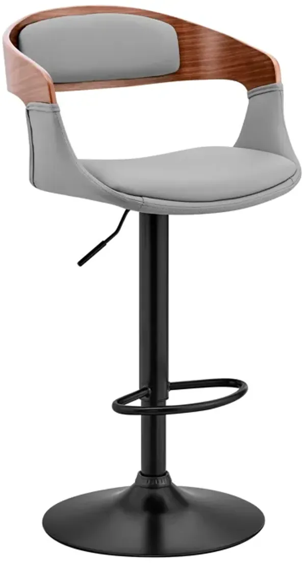 Benson Adjustable Gray Faux Leather and Walnut Wood Stool with Black Base