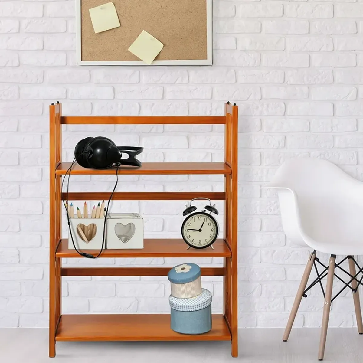 3 Shelf Folding Storage Shelves Bookcase in Honey Oak Finish