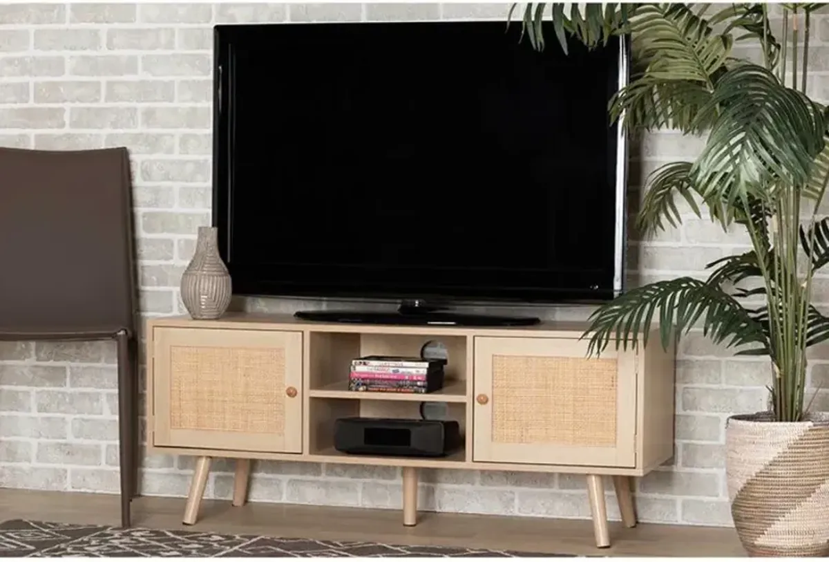 Light Brown Finished Wood 2-Door TV Stand with Natural Rattan