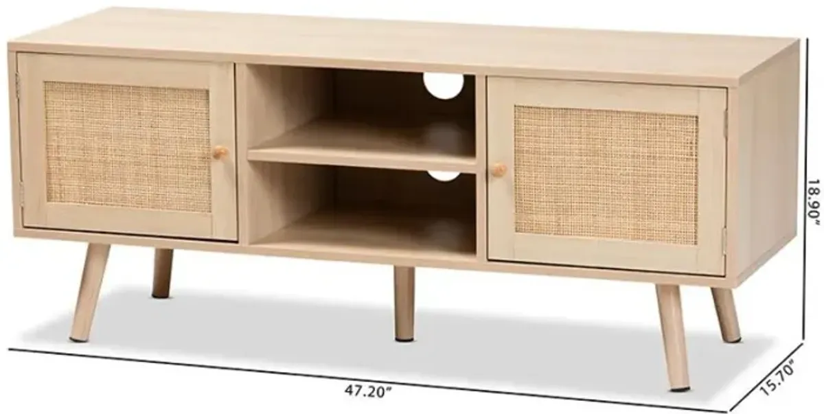 Light Brown Finished Wood 2-Door TV Stand with Natural Rattan