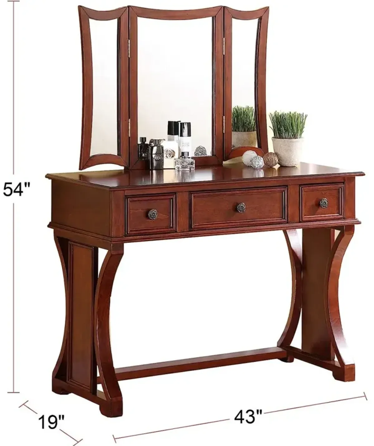 Cherry MDF Vanity Set with Mirror, Stool & Drawers