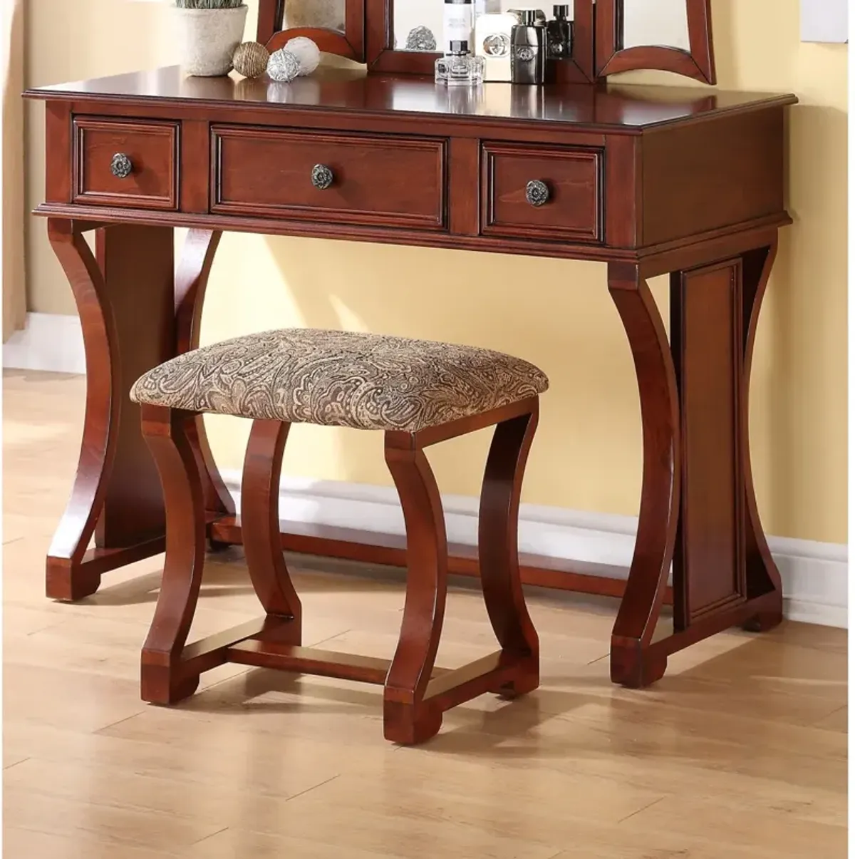 Cherry MDF Vanity Set with Mirror, Stool & Drawers