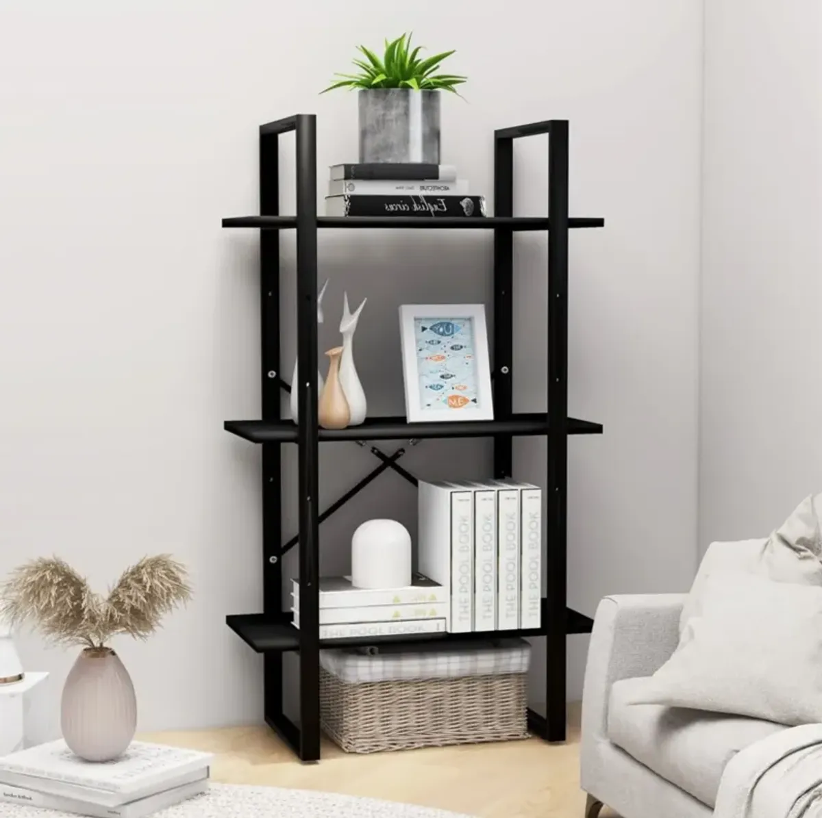 vidaXL Engineered Wood Storage Shelf - Metal and Wood Freestanding Bookshelf/Display Stand - Spacious Shelving Unit for Home, Office, Workshop - Sturdy Black Storage Rack