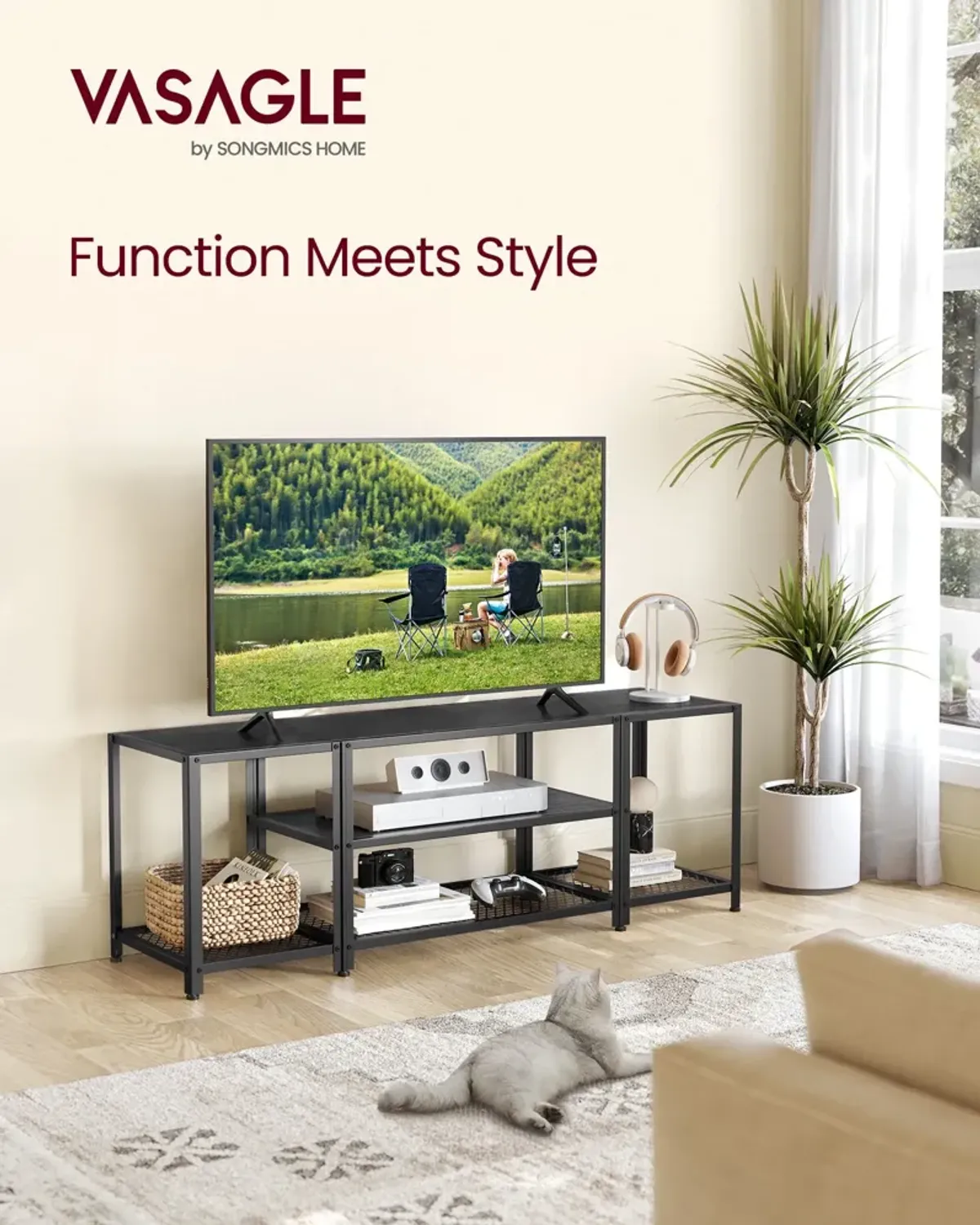 TV Stand for TVs Up to 65'' Black with Wood Grain