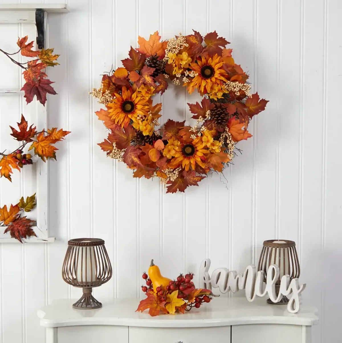 HomPlanti 28" Autumn Maple Leaves, Sunflower, White Berries and Pinecones Artificial Fall Wreath