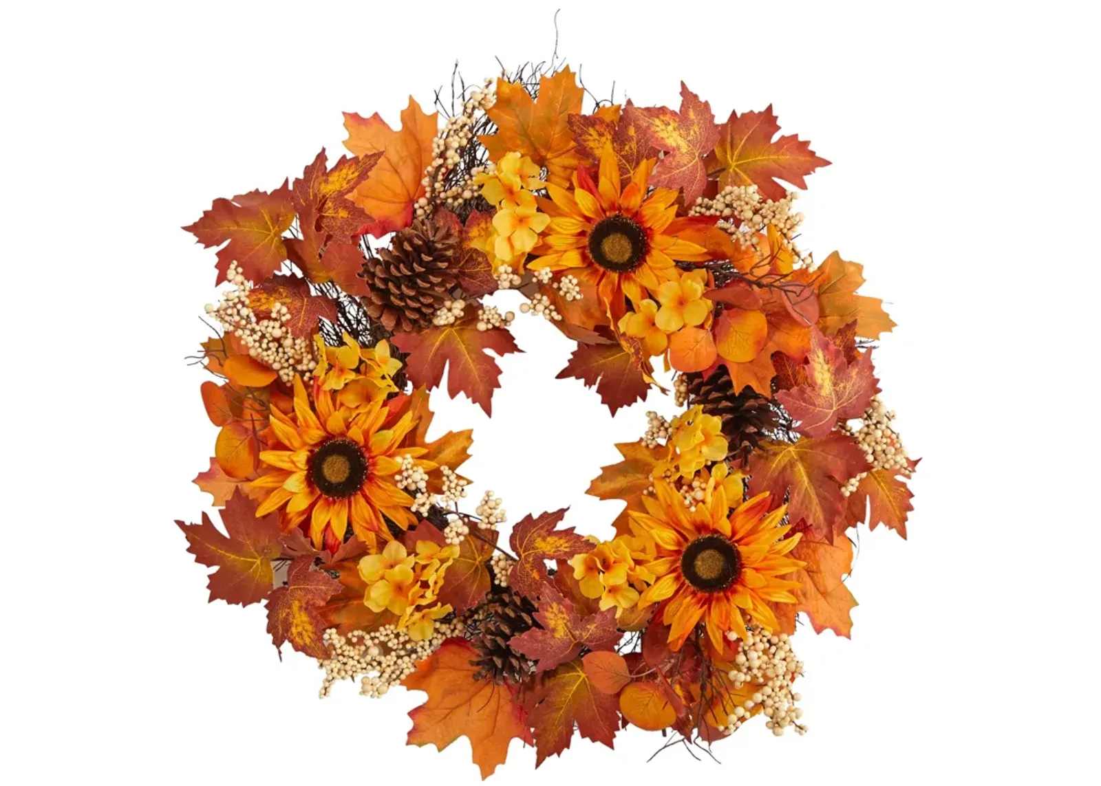 HomPlanti 28" Autumn Maple Leaves, Sunflower, White Berries and Pinecones Artificial Fall Wreath