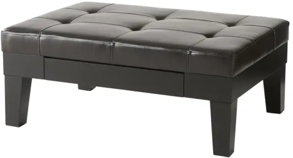 Olivia Ottoman Table, Drawer, Black Faux Leather, Coffee Brown 41 Inch - Benzara