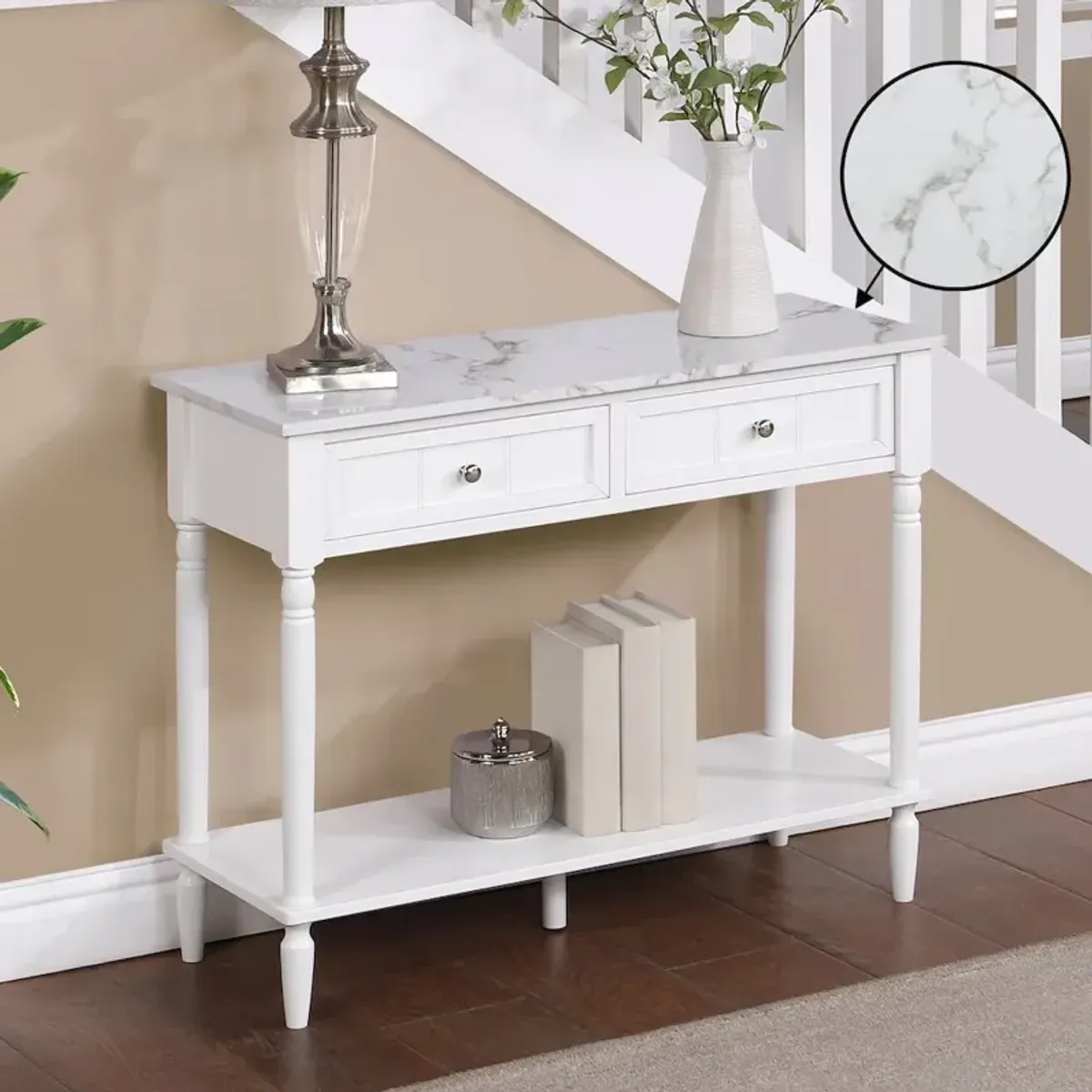 Convenience Concepts French Country 2 Drawer Hall Table with Shelf, White Faux Marble/White