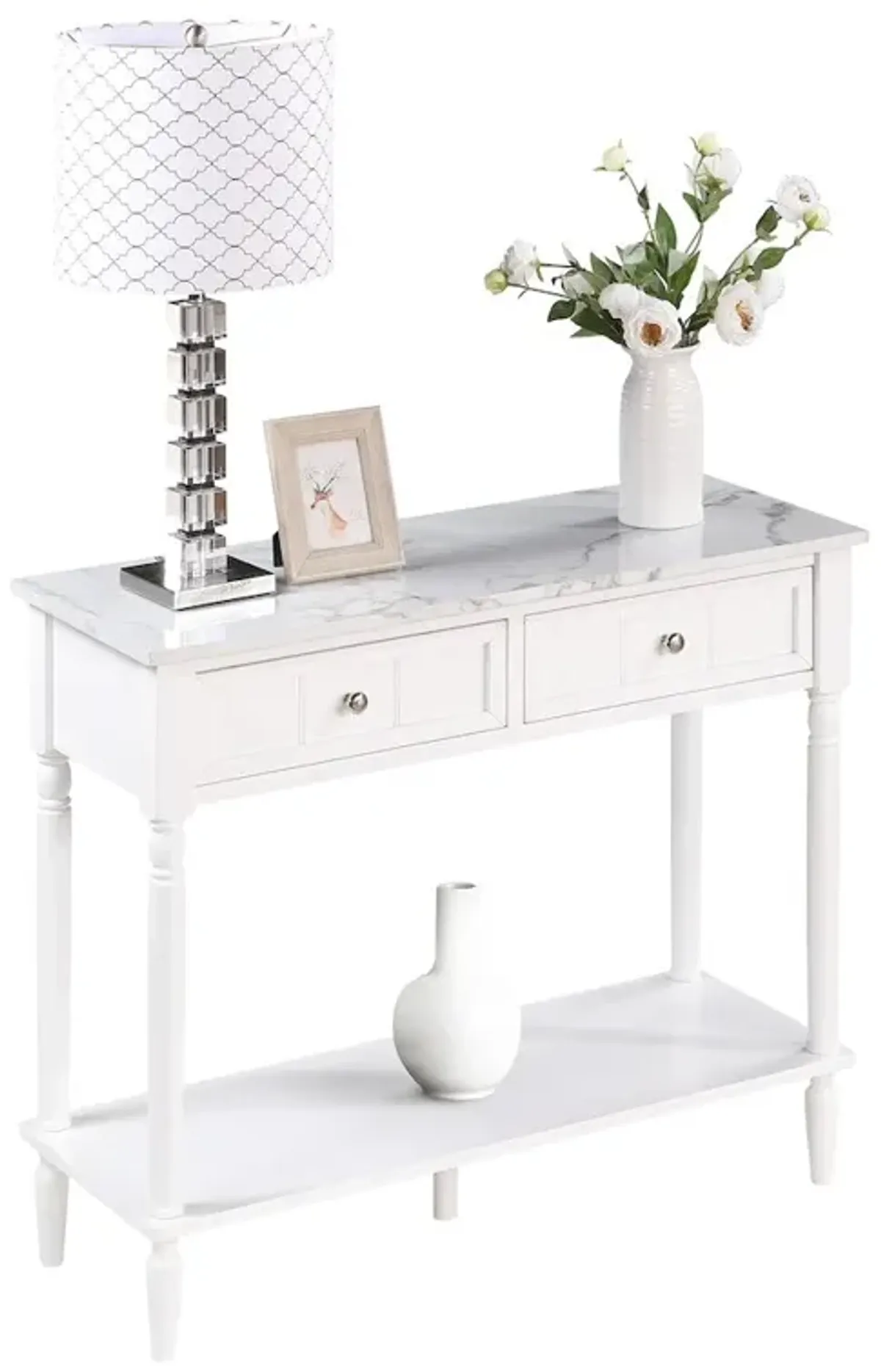 Convenience Concepts French Country 2 Drawer Hall Table with Shelf, White Faux Marble/White