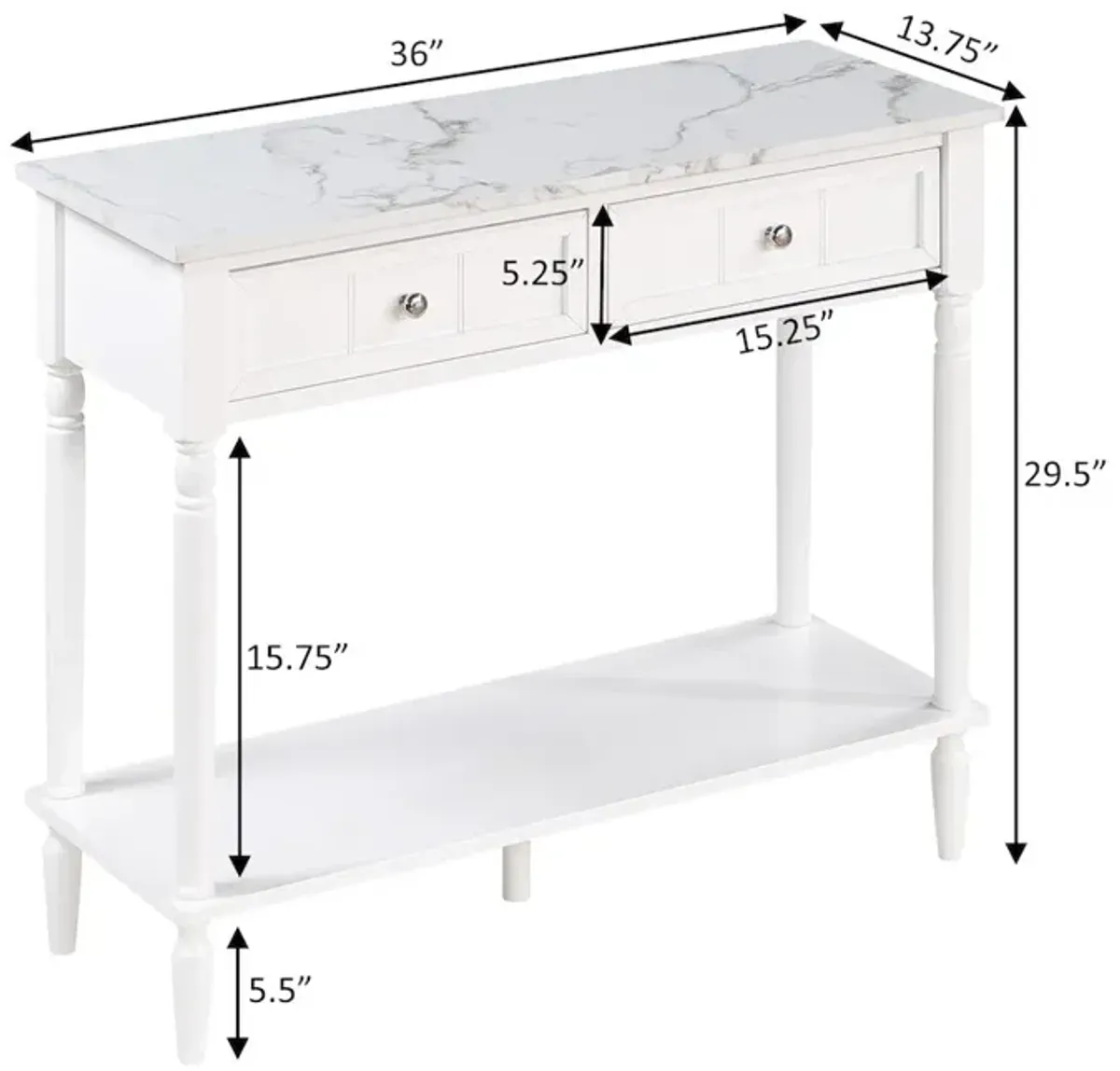 Convenience Concepts French Country 2 Drawer Hall Table with Shelf, White Faux Marble/White