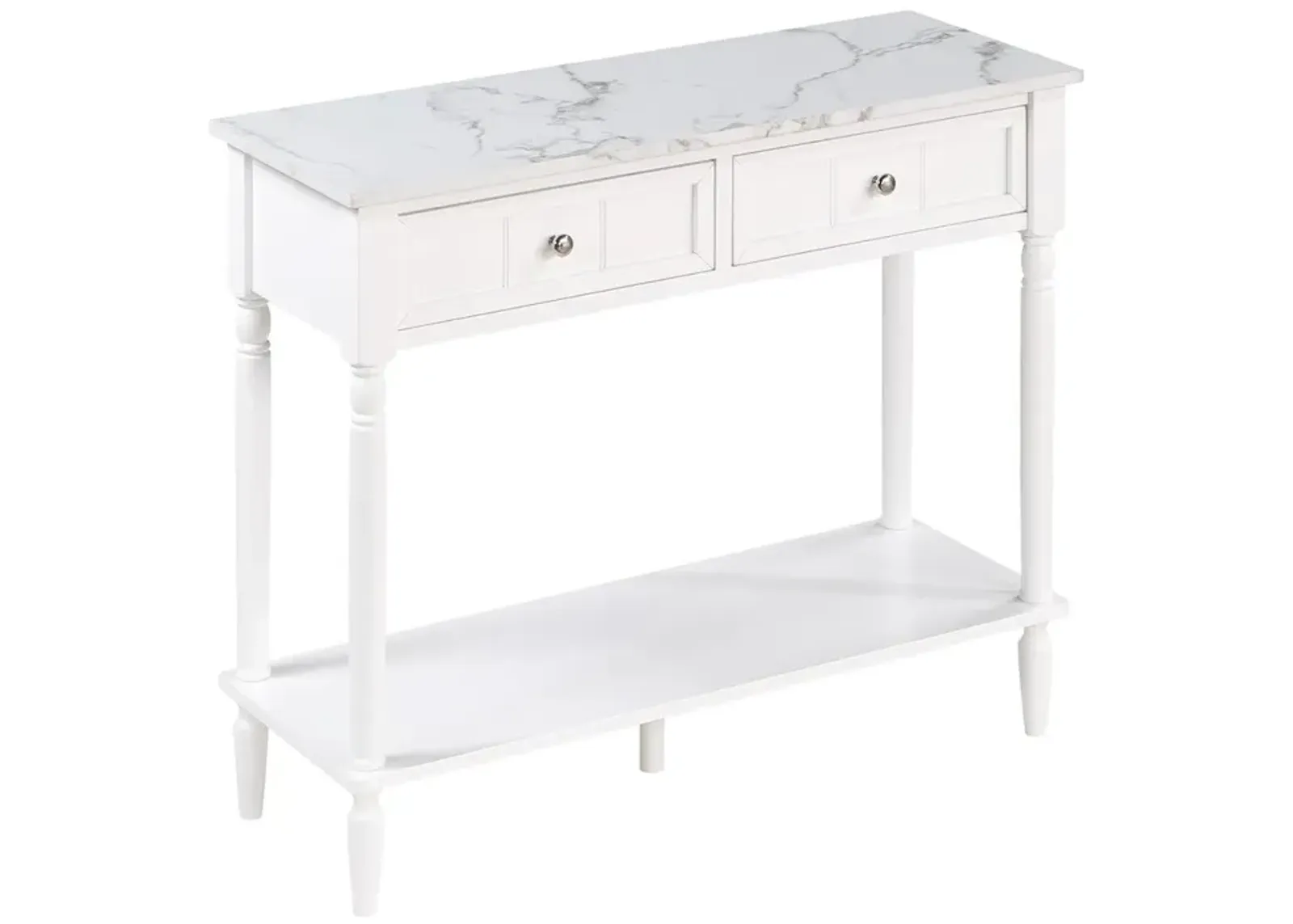 Convenience Concepts French Country 2 Drawer Hall Table with Shelf, White Faux Marble/White