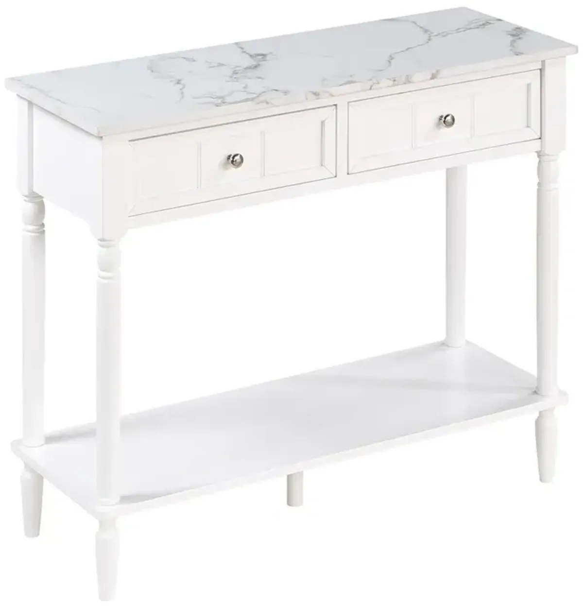 Convenience Concepts French Country 2 Drawer Hall Table with Shelf, White Faux Marble/White