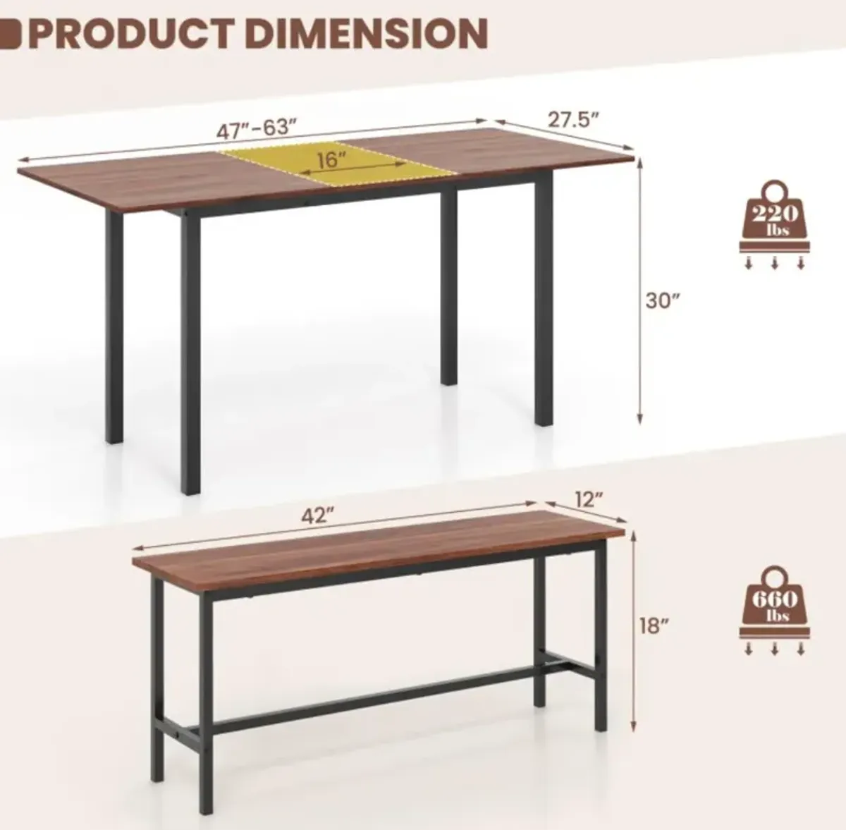 Hivvago 3 Piece Dining Table Set for 4-6 with 2 Benches