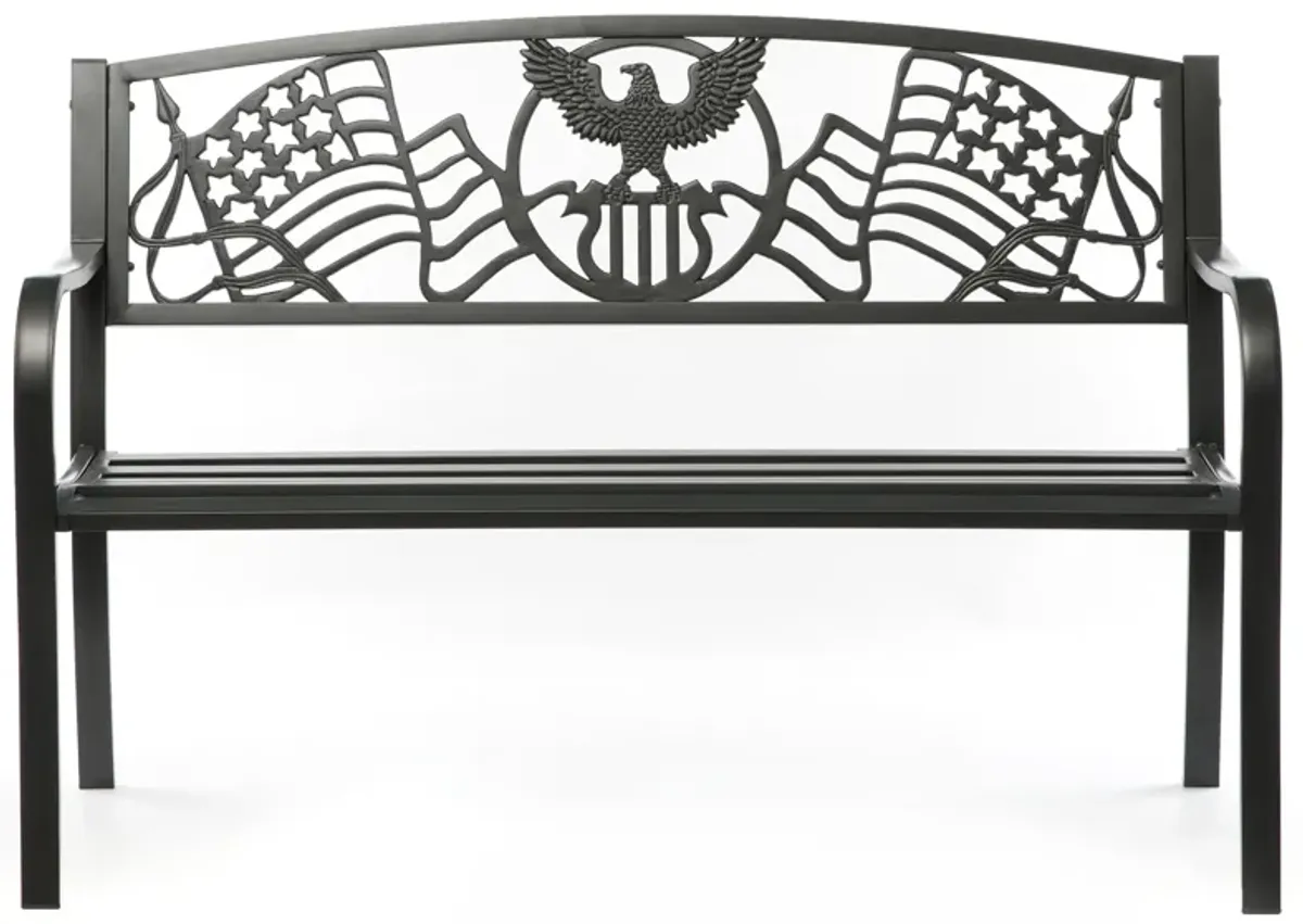 Steel Outdoor Patio Garden Park Seating Bench with Cast Iron Patriotic American Flag and Eagle Backrest, Front Porch Yard Bench Lawn Decor