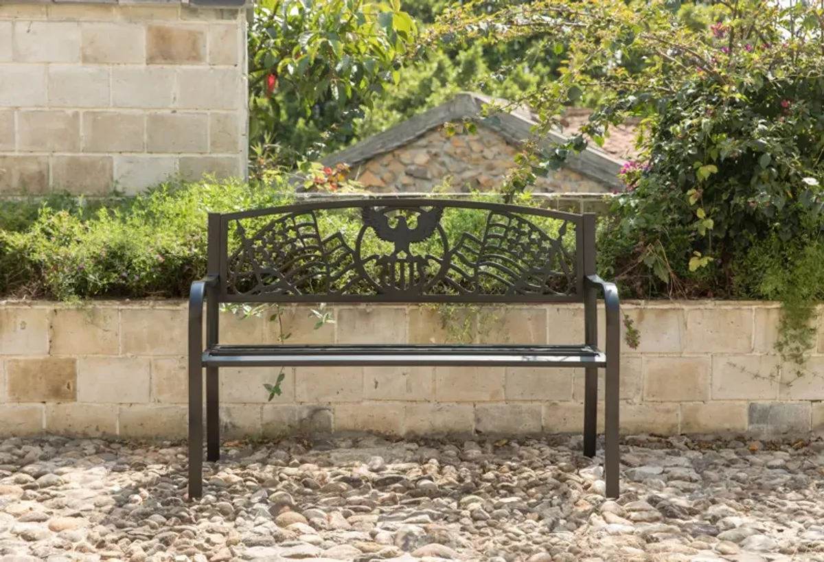 Steel Outdoor Patio Garden Park Seating Bench with Cast Iron Patriotic American Flag and Eagle Backrest, Front Porch Yard Bench Lawn Decor