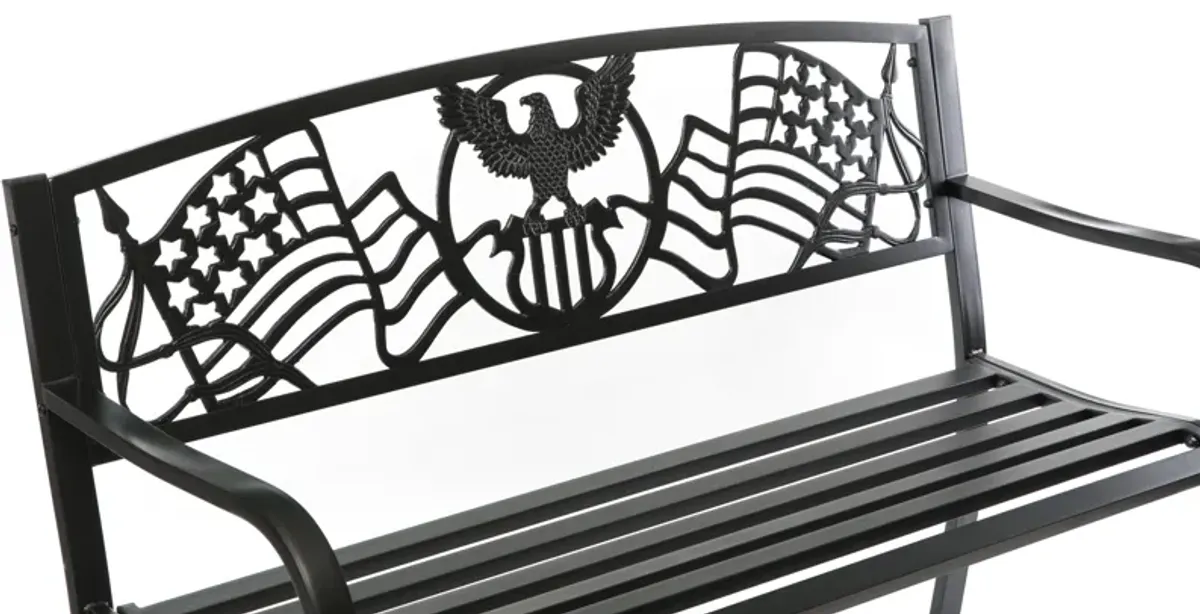 Steel Outdoor Patio Garden Park Seating Bench with Cast Iron Patriotic American Flag and Eagle Backrest, Front Porch Yard Bench Lawn Decor