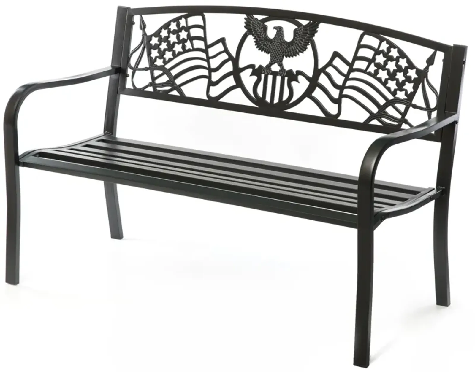 Steel Outdoor Patio Garden Park Seating Bench with Cast Iron Patriotic American Flag and Eagle Backrest, Front Porch Yard Bench Lawn Decor