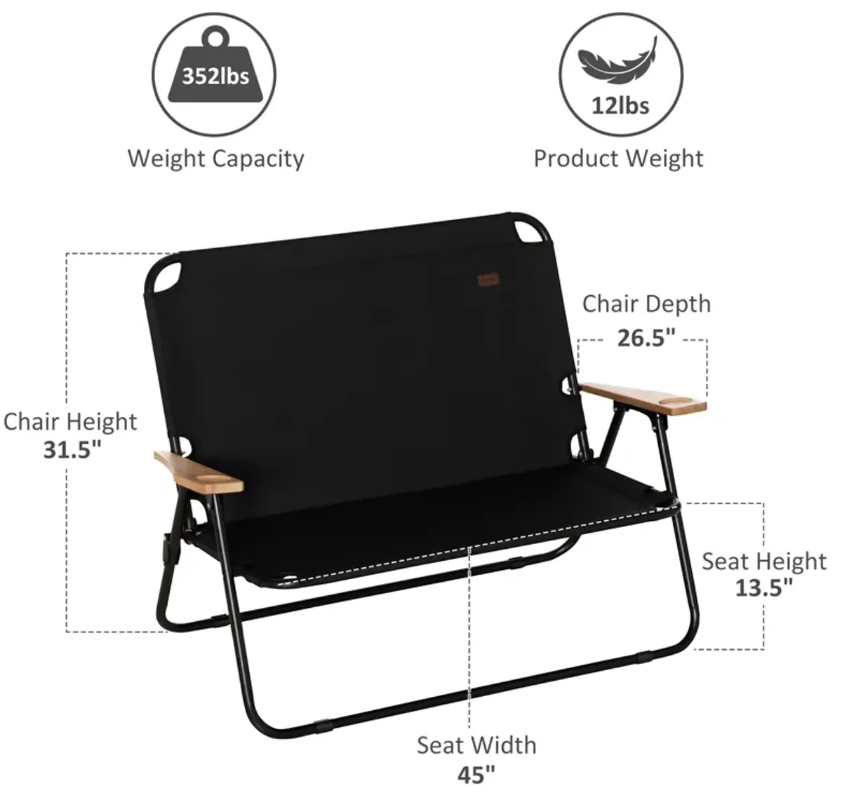 Black Portable Seating: Folding Double Camping Chair with Cup Holders