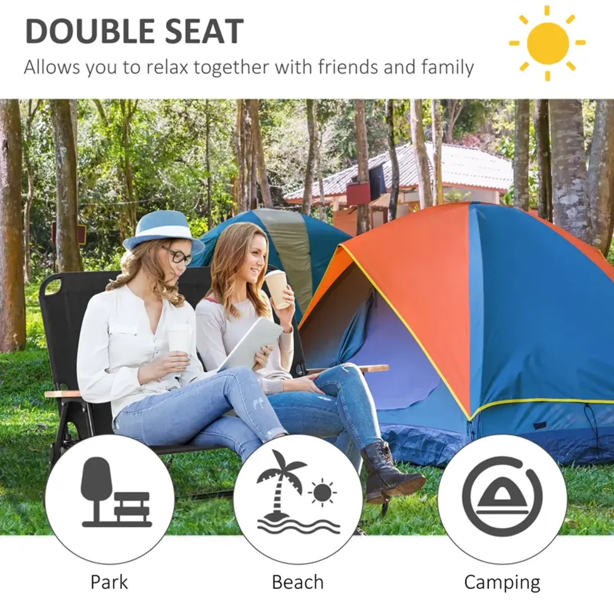 Black Portable Seating: Folding Double Camping Chair with Cup Holders