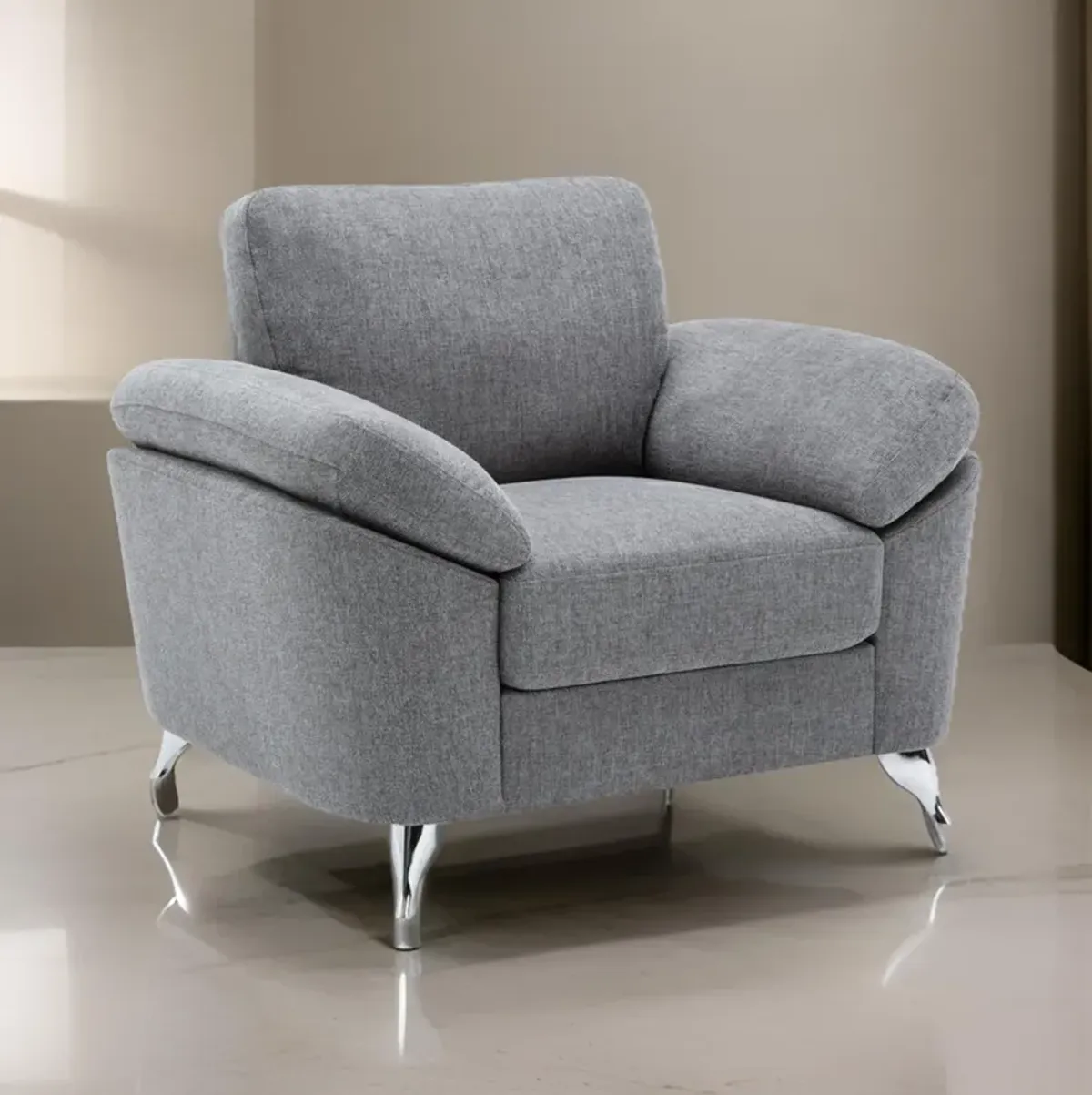 Nel 43 Inch Accent Sofa Chair with Soft Gray Linen, Chrome Legs, Solid Wood - Benzara