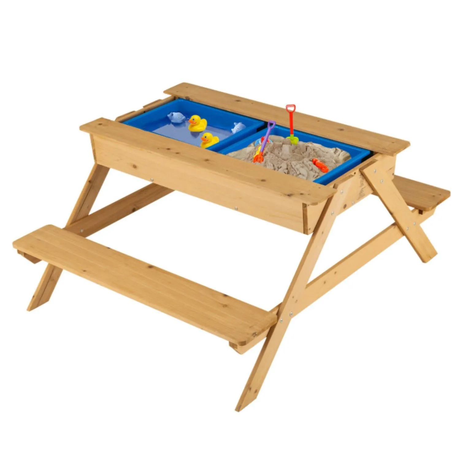 3-in-1 Kids Picnic Table Wooden Outdoor Water Sand Table with Play Boxes - Natural