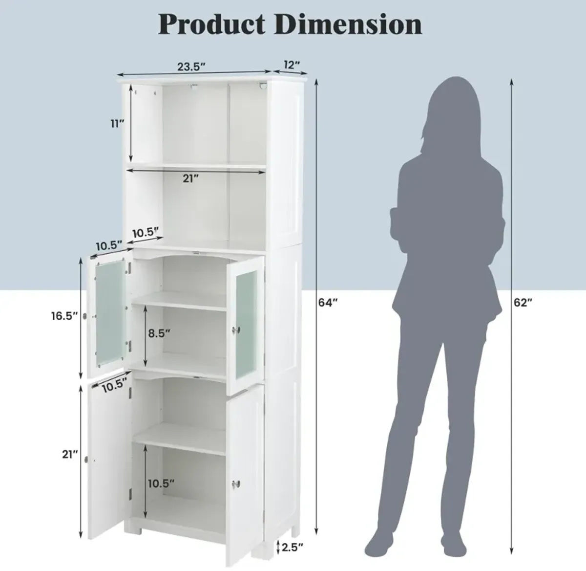 6-Tier Freestanding Bathroom Cabinet with 2 Open Compartments and Adjustable Shelves