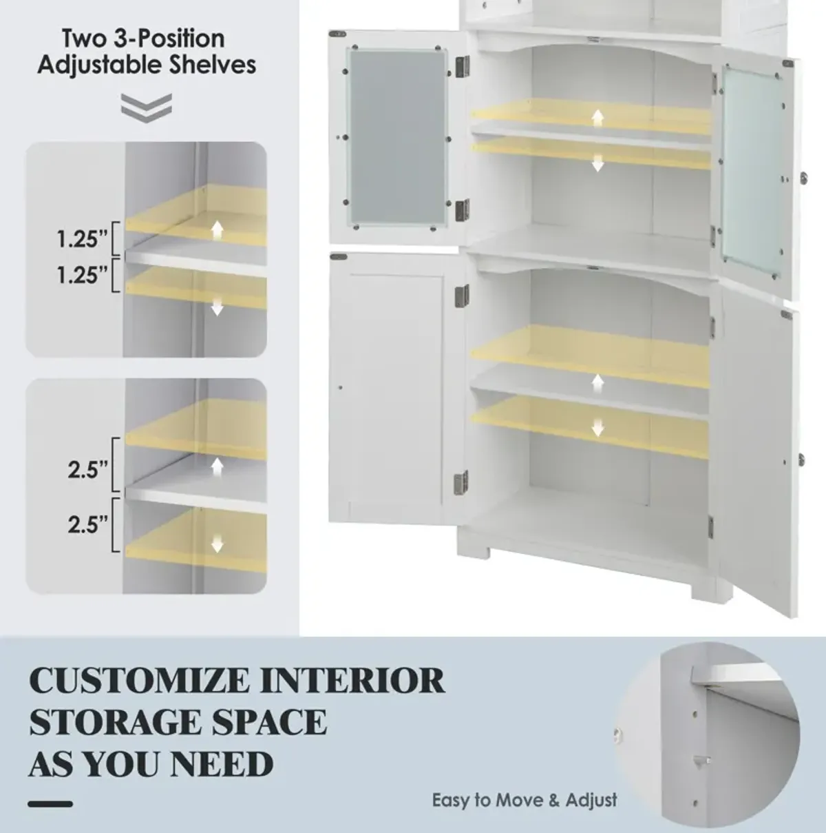 6-Tier Freestanding Bathroom Cabinet with 2 Open Compartments and Adjustable Shelves