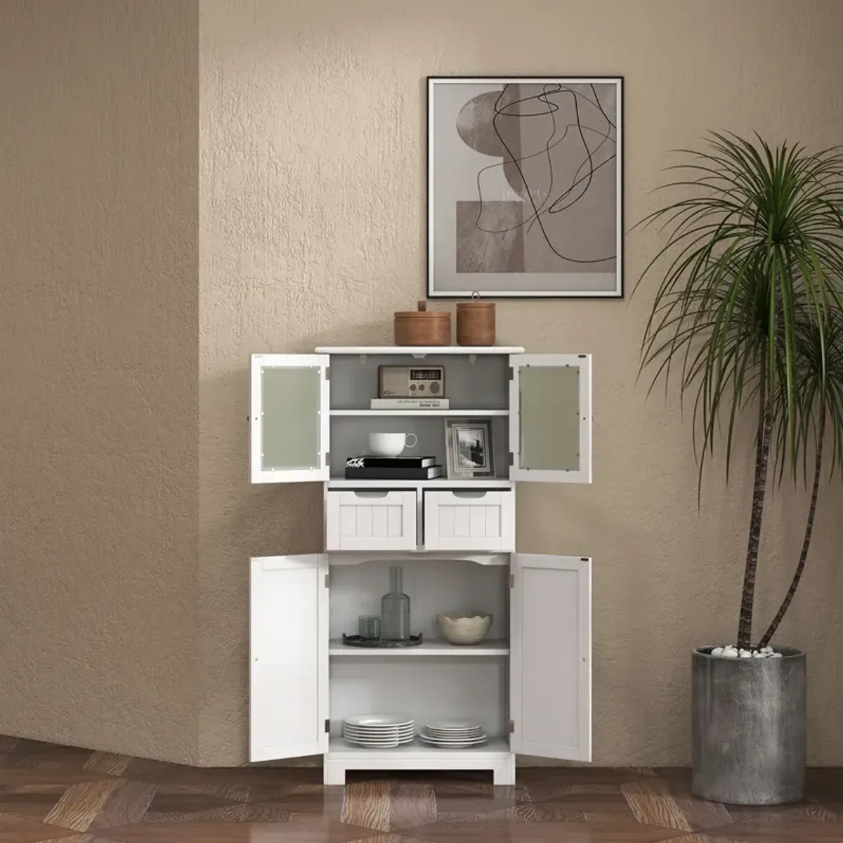 6-Tier Freestanding Bathroom Cabinet with 2 Open Compartments and Adjustable Shelves