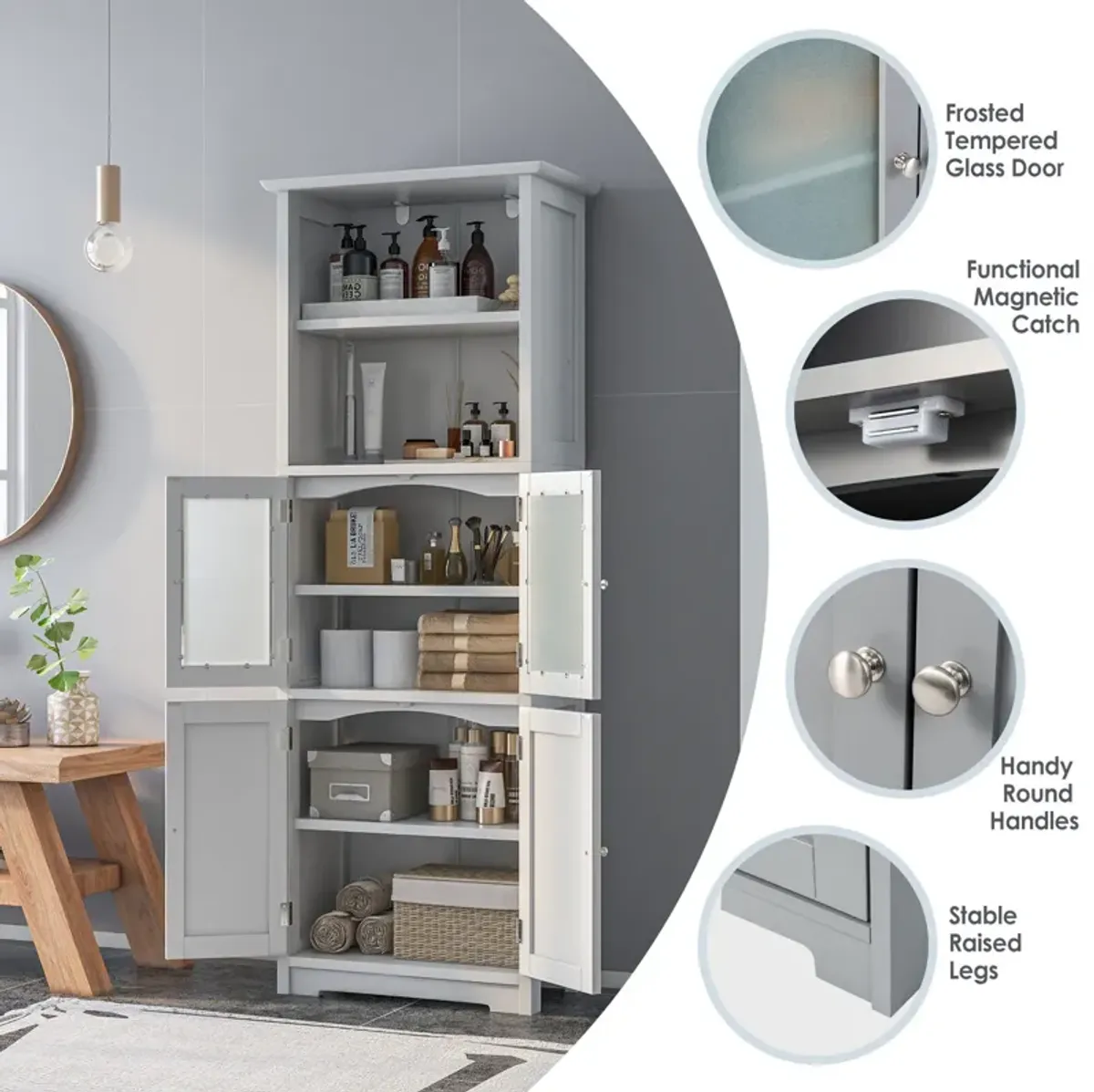 6-Tier Freestanding Bathroom Cabinet with 2 Open Compartments and Adjustable Shelves