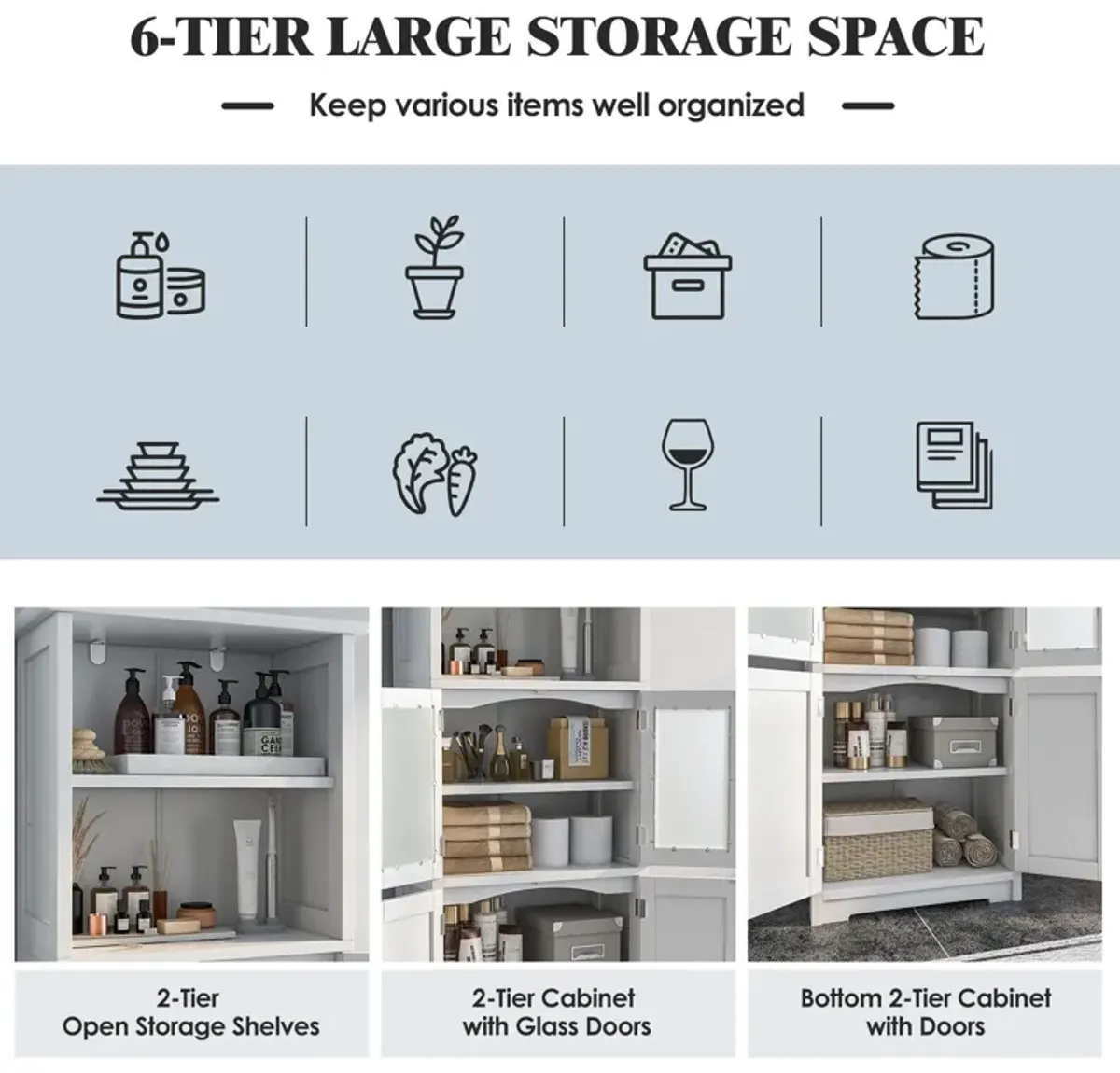 6-Tier Freestanding Bathroom Cabinet with 2 Open Compartments and Adjustable Shelves