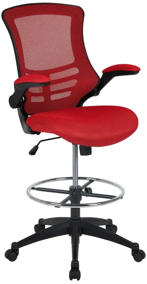 Flash Furniture Kelista Mid-Back Red Mesh Ergonomic Drafting Chair | Adjustable Foot Ring, Flip-Up Arms | Comfort and Productivity