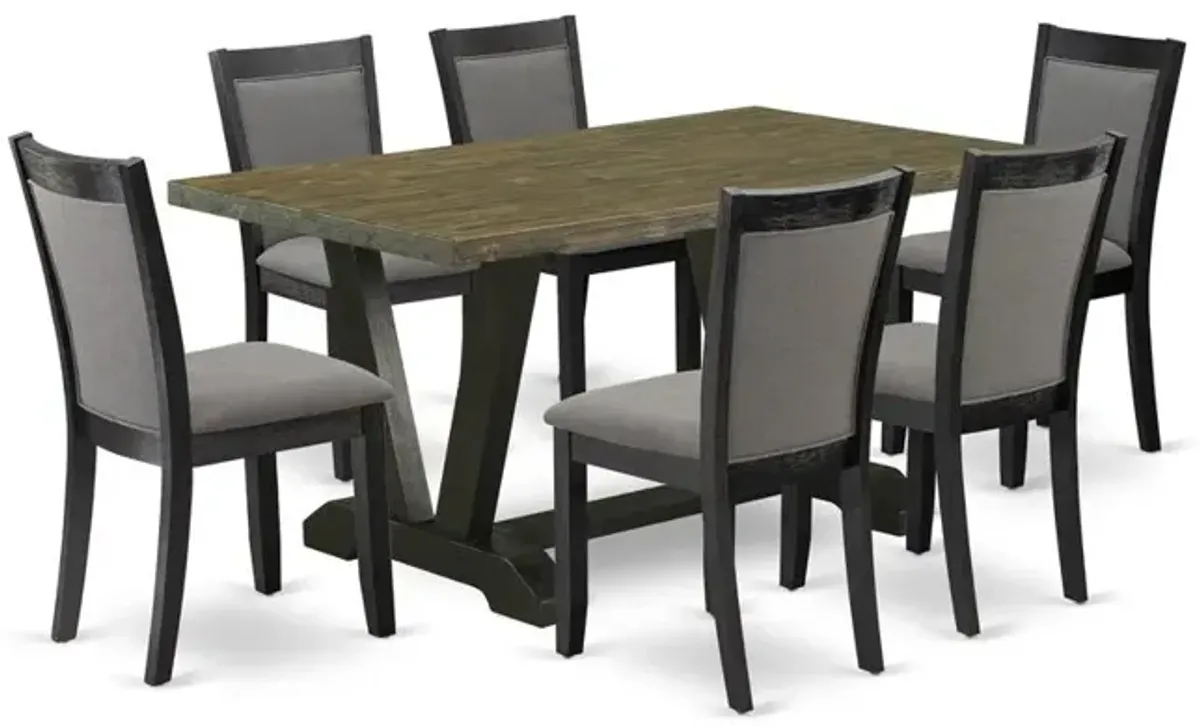 V676MZ650-7 7 Pc Dinette Set - Distressed Jacobean Table with 6 Dark Gotham Grey Linen Fabric Chairs - Wire Brushed Black Finish