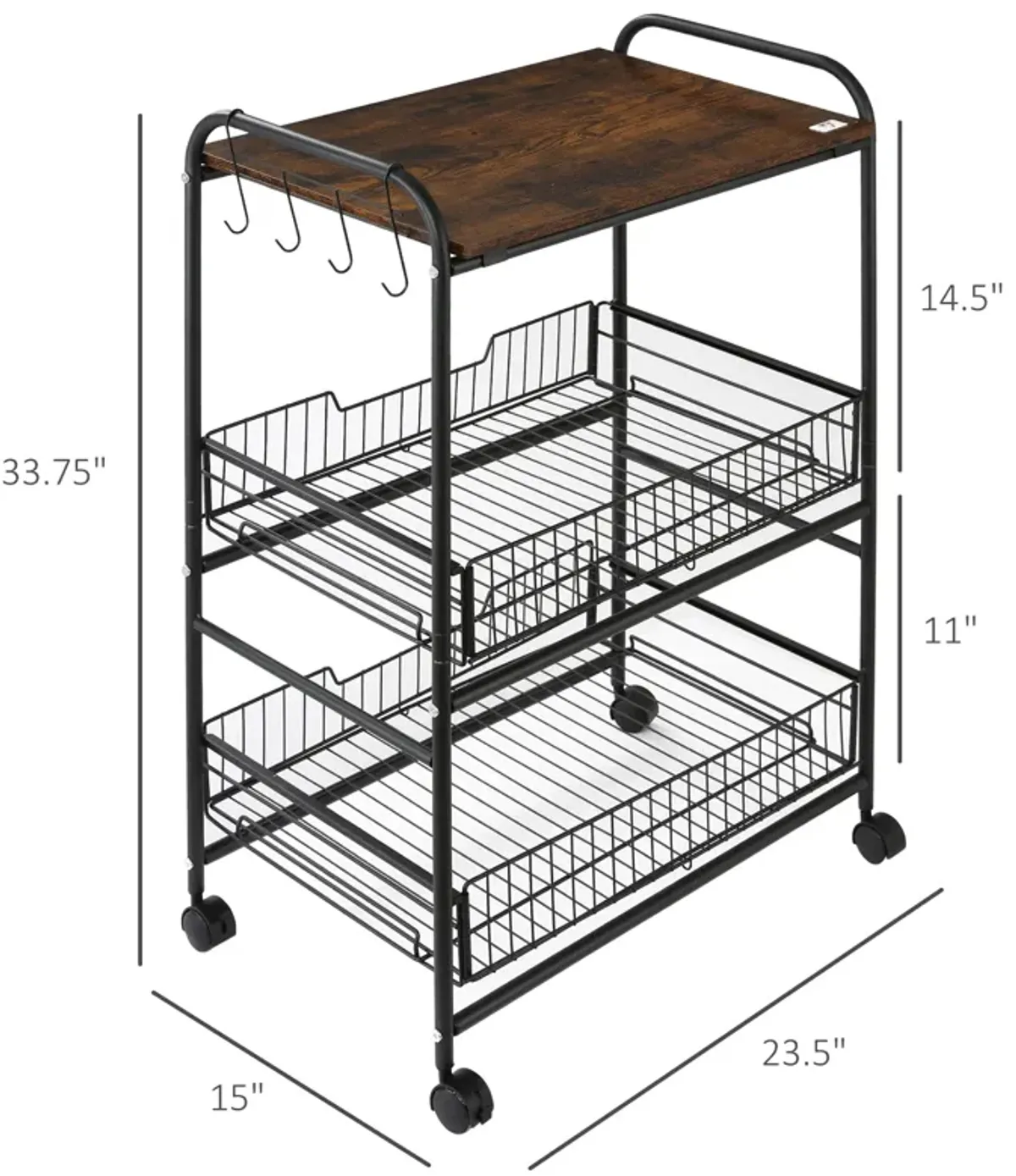 24" 3-Tier Utility Kitchen Cart Rolling Serving Trolley w/ 2 Storage Shelves