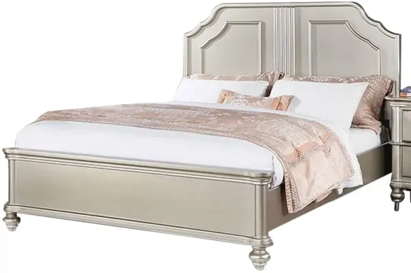 Opp Platform California King Bed with Panel Headboard, Champagne Silver - Benzara