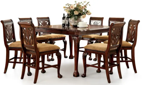 Burg 9pc Counter Height Table Set with Carved Trim Detail, Cherry Wood - Benzara