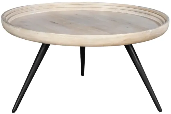 Urban Chic Coffee Table 30 Inch Round Tray Top, Handcrafted Washed White Mango Wood