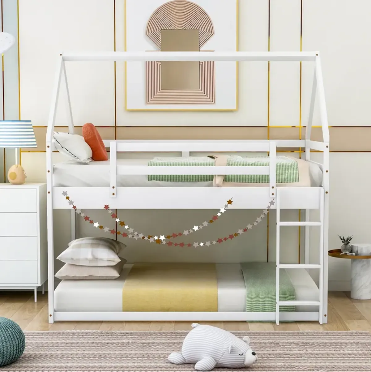 Merax Low Bunk Bed House Bed with Ladder