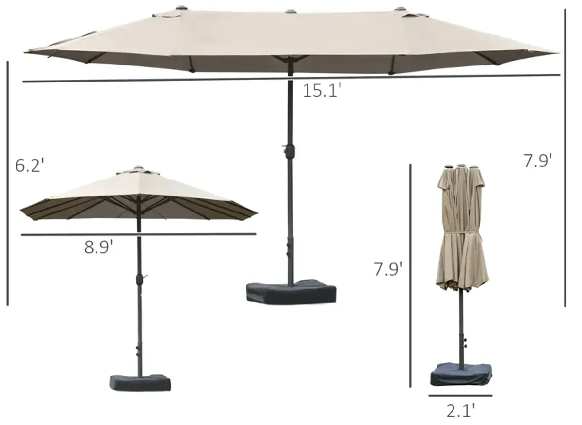 Outsunny Patio Umbrella 15' Steel Rectangular Outdoor Double Sided Market with base, Sun Protection & Easy Crank for Deck Pool Patio, Coffee