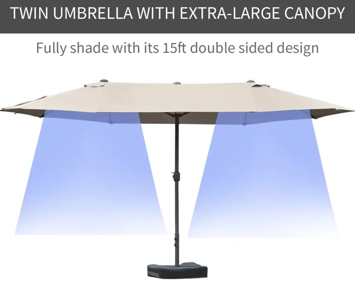 Outsunny Patio Umbrella 15' Steel Rectangular Outdoor Double Sided Market with base, Sun Protection & Easy Crank for Deck Pool Patio, Coffee