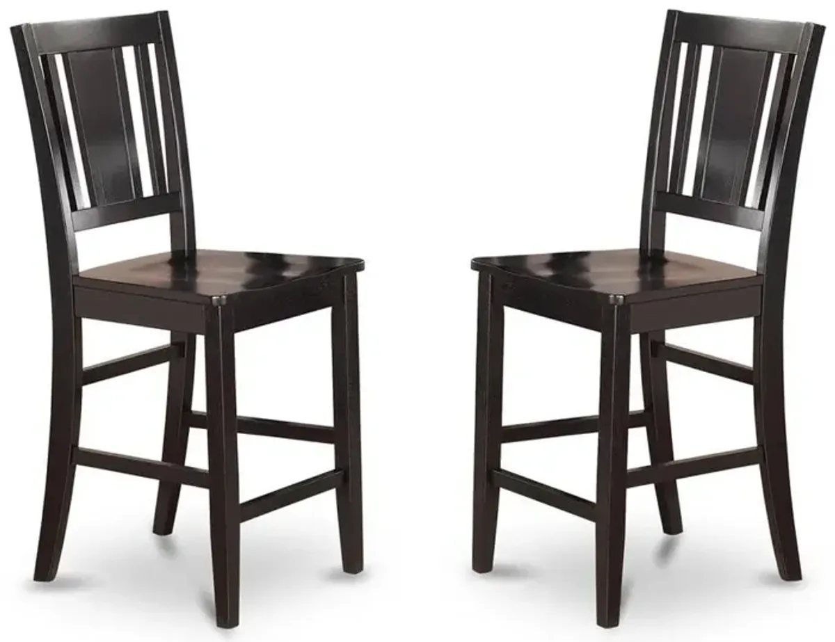 East West Furniture Buckland  Counter  Height  Chair    for  dining  room  with  Wood  Seat  in  Black  Finish,  Set  of  2