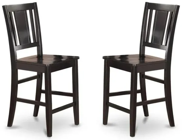East West Furniture Buckland  Counter  Height  Chair    for  dining  room  with  Wood  Seat  in  Black  Finish,  Set  of  2