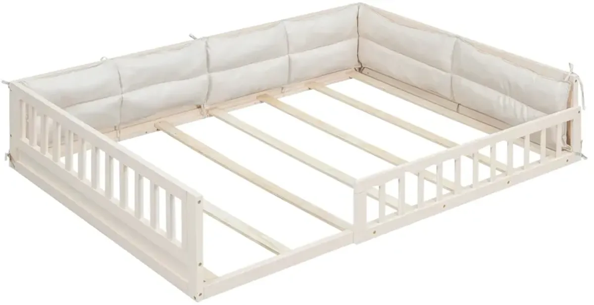 Whisen Wood Full Size Upholstered Platform Bed with Guardrail and Pillow - Beige