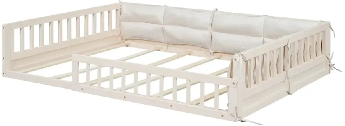 Whisen Wood Full Size Upholstered Platform Bed with Guardrail and Pillow - Beige