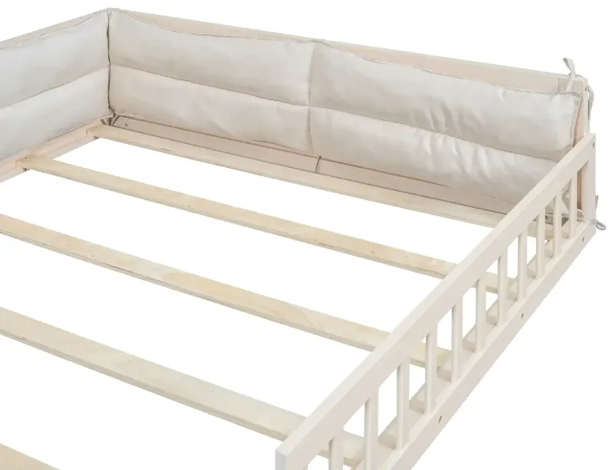 Whisen Wood Full Size Upholstered Platform Bed with Guardrail and Pillow - Beige