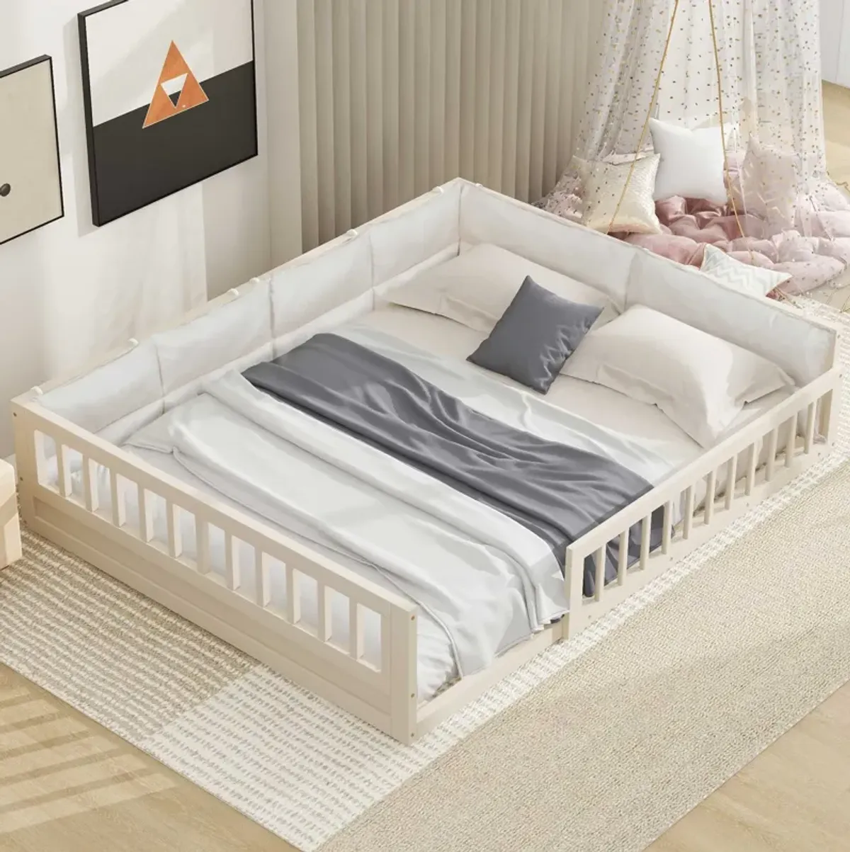 Whisen Wood Full Size Upholstered Platform Bed with Guardrail and Pillow - Beige