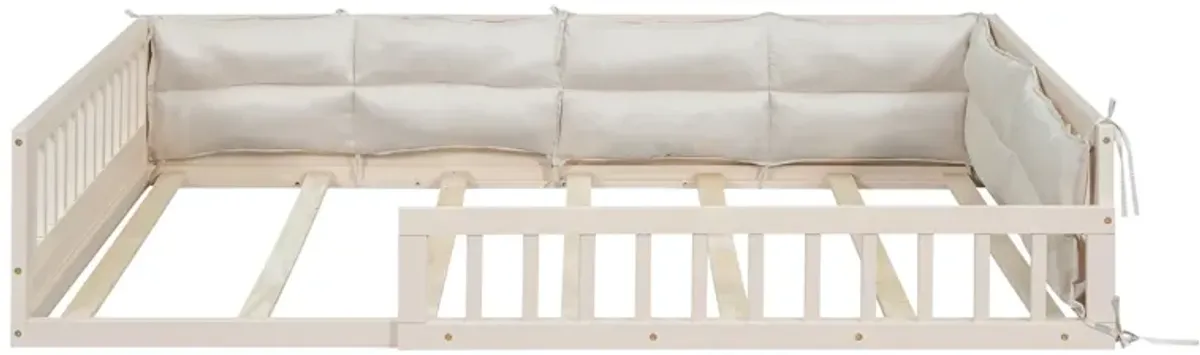 Whisen Wood Full Size Upholstered Platform Bed with Guardrail and Pillow - Beige